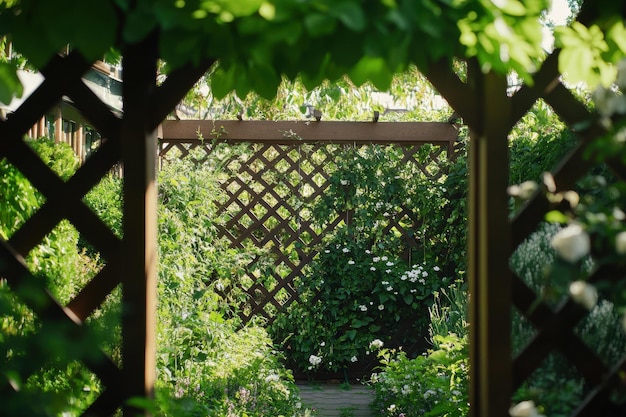 A tranquil garden pathway framed by wooden trellis adorned with lush greenery in the afternoon light