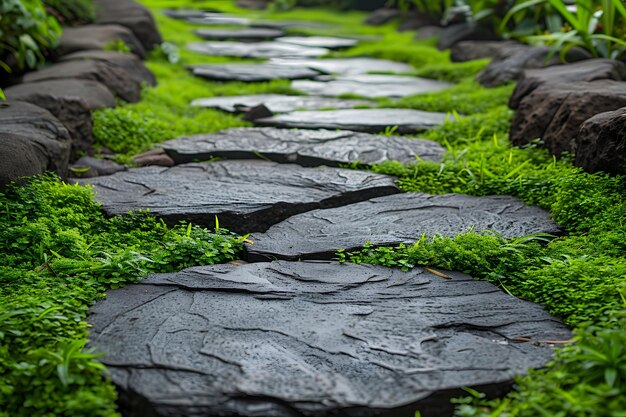 Photo tranquil garden pathway surrounded by lush greenery