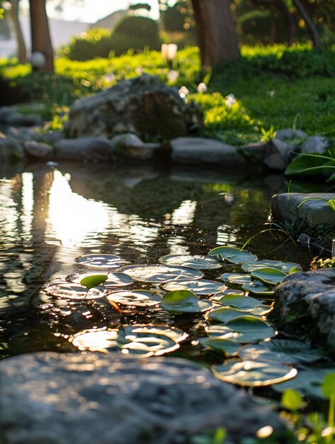 Photo tranquil garden pond with lily pads and sunlight reflections