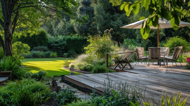 Photo tranquil garden scene with wooden deck and furniture illuminated by morning sun