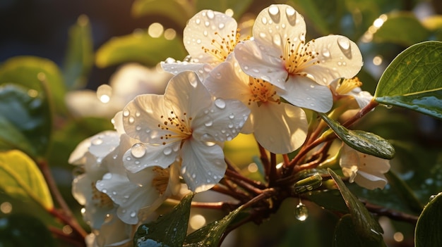 Tranquil Gardenscapes Vray Tracing Of White Blooming Primrose With Water Droplets