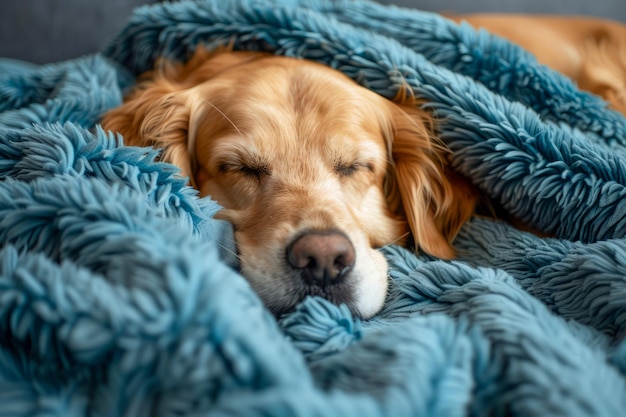 Tranquil Golden Retriever Enjoying a Cozy Nap on Soft Blue Blanket Peaceful Pet Resting Indoors