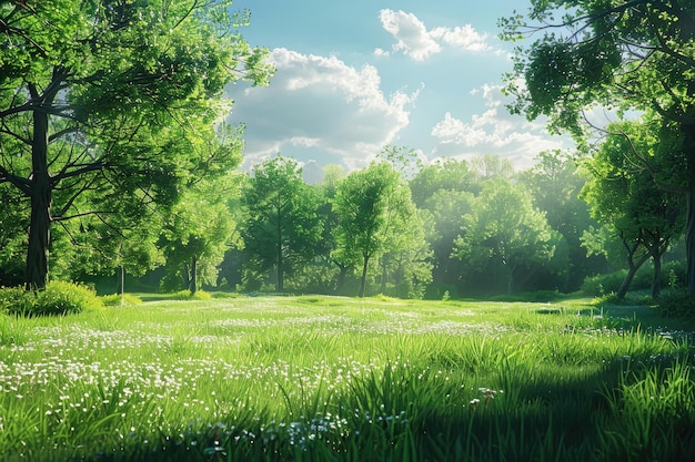 Tranquil Grassy Meadow Bathed in Soft Sunlight