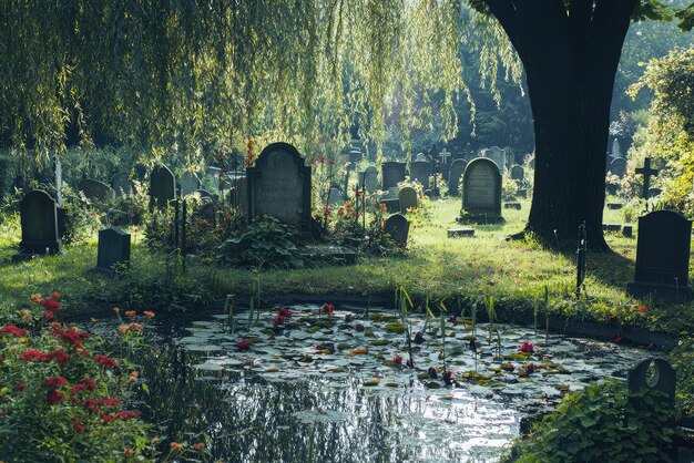 Photo a tranquil graveyard scene with small pond and weeping willows evoking peace