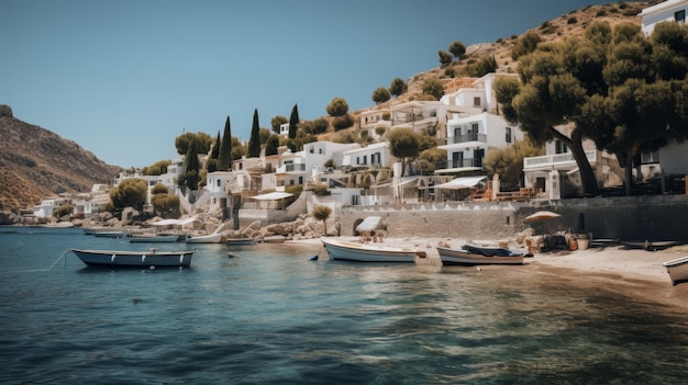 Tranquil Greek fishing village with whitewashed houses fishing boats