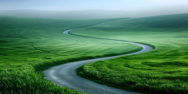 Tranquil green meadow and winding country road in a picturesque rural setting Concept Tranquil Landscapes Rural Settings Green Meadows Country Roads Nature Photography