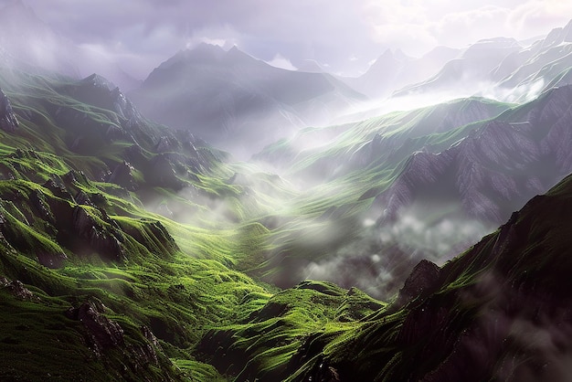 Tranquil green valley desktop wallpaper with peaceful mountains