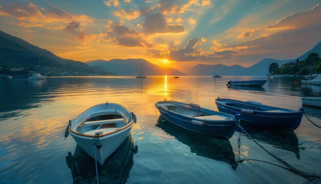 Tranquil harbor with private boats at sunset ideal for text placement and copy space