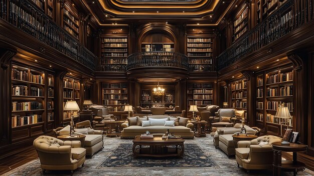 Photo tranquil haven opulent palace library filled with towering bookshelves