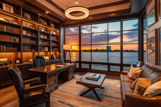 Tranquil Haven Stylish Home Office with Custom Builtin Bookshelves and Inspiring Views