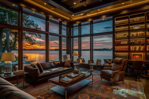 Tranquil Haven Stylish Home Office with Custom Builtin Bookshelves and Inspiring Views