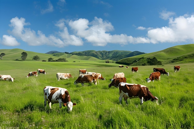 Tranquil Herd of Cattle Grazing in a Verdant Meadow with Distant Hills Framing the Background