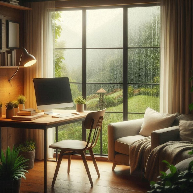 Photo tranquil home office on a rainy day