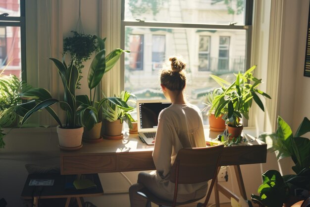 Photo a tranquil home office scene with a person working on a laptop surrounded by lush green plants bathed in natural light