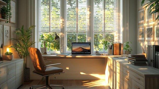 Photo tranquil home office with sleek desk laptop and natural sunlight