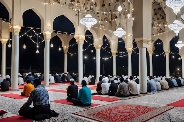 Tranquil Idul Adha Evening Prayer Mosque Adorned with Lights Melodic Recitations and Serenity