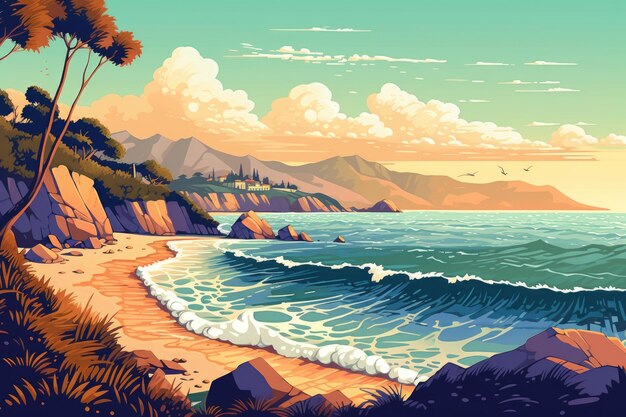 Tranquil Illustration of a Sunny Coastline Offering a Refuge of Peace and Relaxation