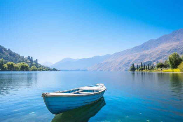 Tranquil image of a lone white fishing boat gently floating on a serene blue lake