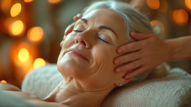 A tranquil image of an old woman enjoying a skincare procedure at a spa for rejuvenation