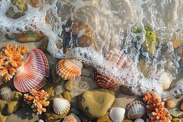 A tranquil image of shells scattered amidst vibran generative ai