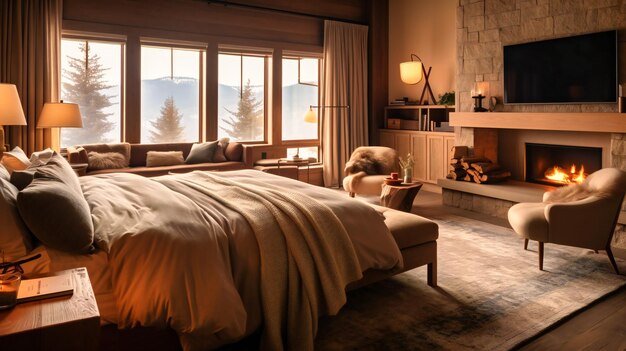 A tranquil image of a wellappointed mountain lodge bedroom evoking a sense of relaxation and rejuvenation amidst nature39s beauty