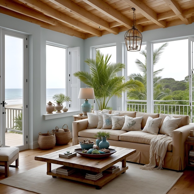 A tranquil and inviting living room with a beachy ambiance featuring a surfboard as a showpiece