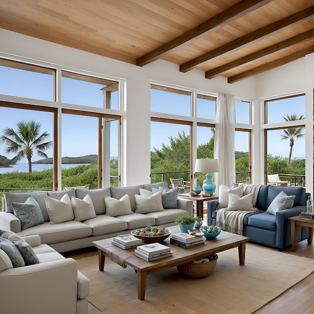 A tranquil and inviting living room with a beachy ambiance featuring a surfboard as a showpiece