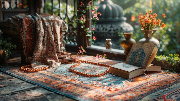 Photo tranquil islamic prayer session with ornate rug quran and beads concept of faith and belief in islam