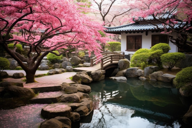 tranquil Japanese garden with cherry blossoms and koi ponds