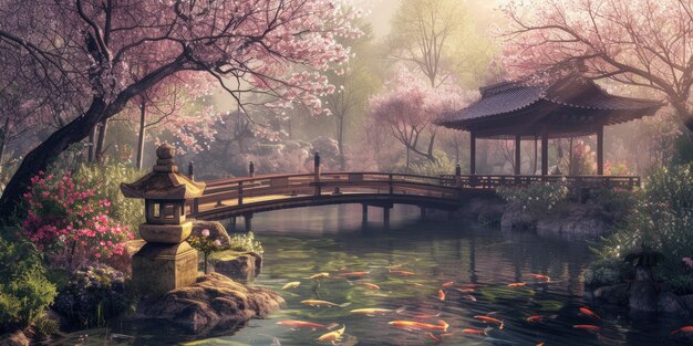 Tranquil japanese garden with koi pond and bridge resplendent