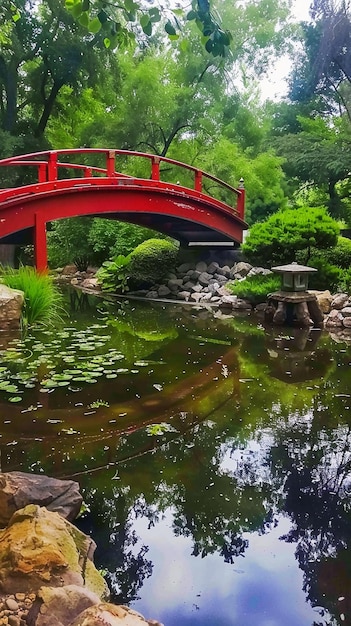 A tranquil Japanese garden with a traditional bridge