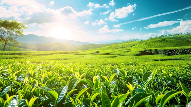 Tranquil Japanese Green Tea Field Basking in the Warmth of a Sunny Morning