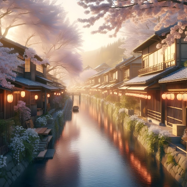 A tranquil Japanese street at dusk with women in colorful kimonos cherry blossoms overhead lantern