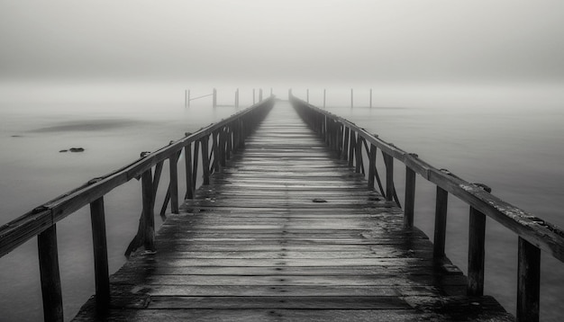 Tranquil jetty vanishing point mysterious solitude wet plank generated by AI