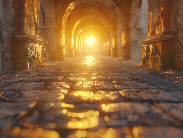 Photo tranquil journey through a serene stone corridor bathed in golden gloaming light a pathway to