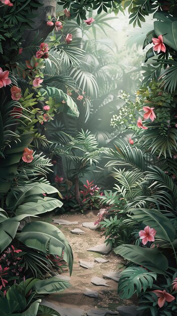 Tranquil Jungle Path with Pink Flowers