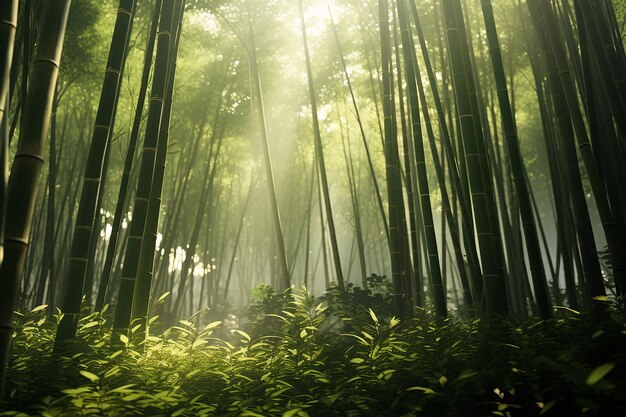 Tranquil Kyoto Bamboo Forest with Sunlight Filtering