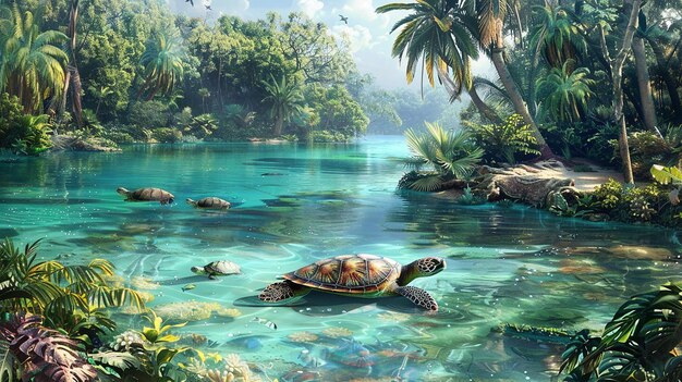 Tranquil Lagoon with Peaceful Turtles