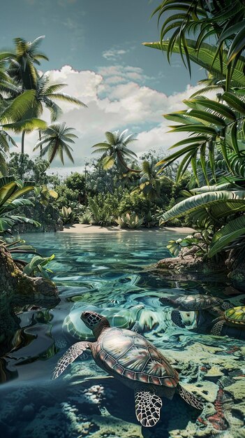 Tranquil Lagoon with Peaceful Turtles