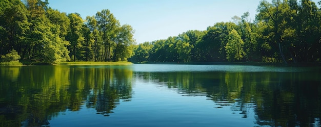 A tranquil lake background with still waters surrounding trees and a clear reflection ideal for a