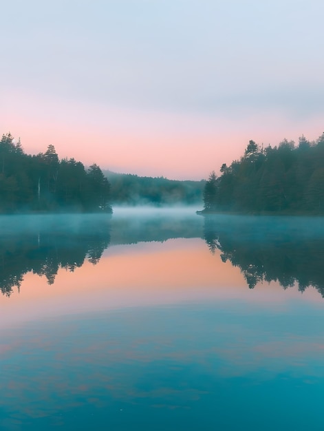 Photo tranquil lake at dawn reflecting misty forest landscape