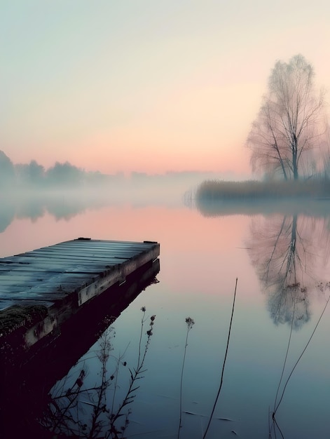 Photo tranquil lake at dawn with wooden pier reflecting in calm water