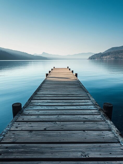 Photo tranquil lake dock at sunrise serene waters and scenic mountains