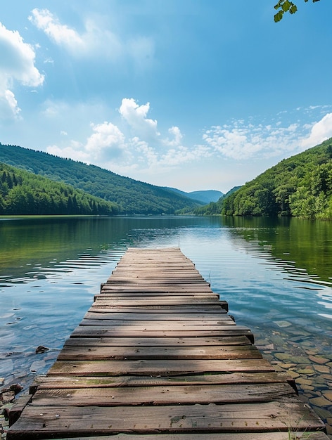 Tranquil Lake Dock with Scenic Mountain Reflections Under Blue Sky