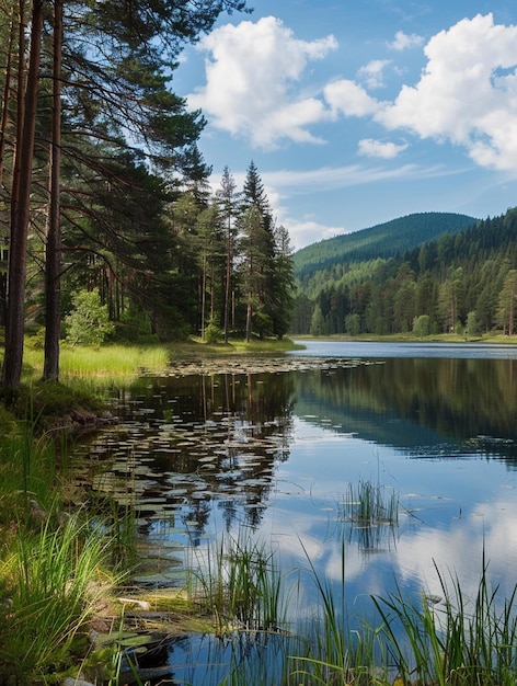 Tranquil Lake Landscape with Lush Forest and Reflections