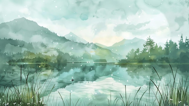 A tranquil lake in a misty forest painted in watercolor style