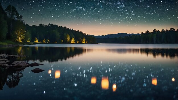 Photo tranquil lake reflecting stars under night sky