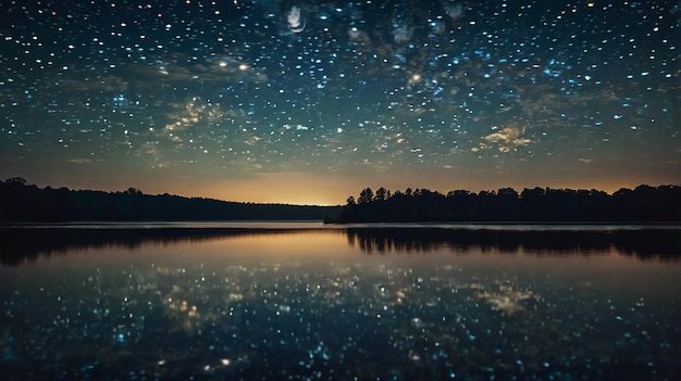 Photo tranquil lake reflecting stars under night sky