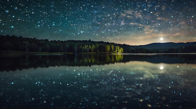 Photo tranquil lake reflecting stars under night sky