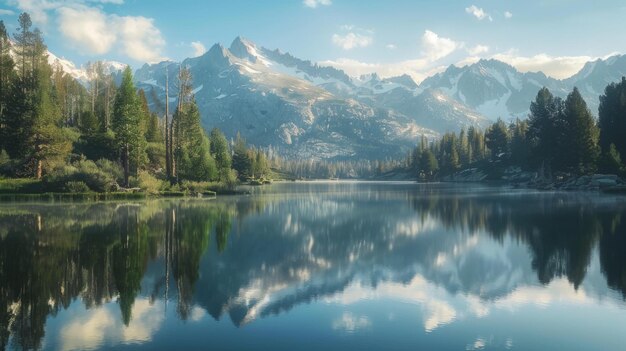 A tranquil lake reflecting the surrounding mountains and trees emphasizing the importance of preserving freshwater ecosystems and biodiversity